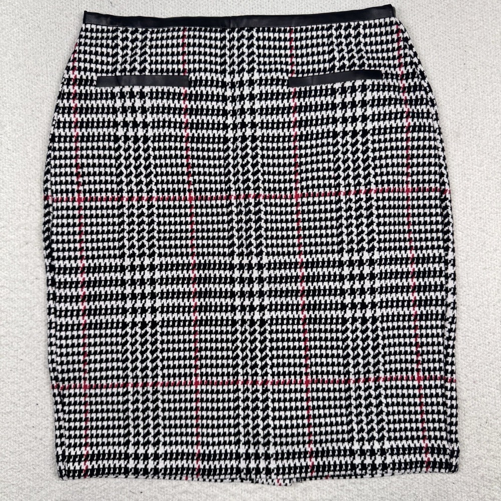 NWT Talbots Pencil Skirt Womens 2P Houndstooth Black White Red Faux Leather Trim